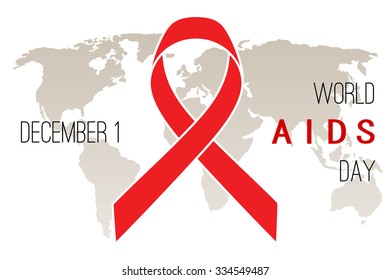 World AIDS Day poster. Red ribbon on a background with map