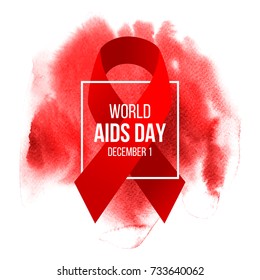 World Aids Day poster with red satin ribbon and type design over red watercolor background. Vector illustration