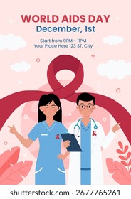 Plantilla de cartel del Día Mundial del SIDA con cinta roja y Formas abstractas. Ilustración vectorial de la concienciación mundial sobre el VIH/SIDA. Ideal para campañas de salud pública, redes sociales y Anuncios digitales