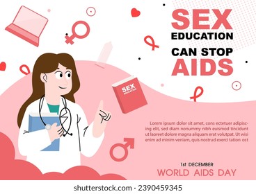 World AIDS day poster's concept of sex education in cartoon character and flat style with example texts on white background.