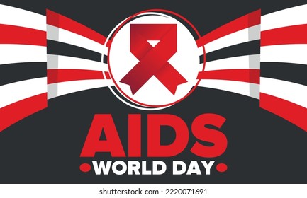 Día Mundial del Sida. Símbolo de cinta roja. Sensibilización y prevención del vih. Concepto de atención médica. Apoyo y protección humanos. Se celebra anualmente el 1 de diciembre. Cartel, cartel y fondo. Vector