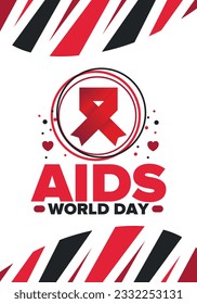 World Aids Day. Red ribbon symbol. Awareness and prevention hiv. Medical healthcare concept. Human support and protection. Celebrated annual in December 1. Poster, banner and background. Vector