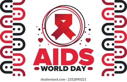 Día Mundial del Sida. Símbolo de cinta roja. Sensibilización y prevención del vih. Concepto de atención médica. Apoyo y protección humanos. Se celebra anualmente el 1 de diciembre. Cartel, cartel y fondo. Vector