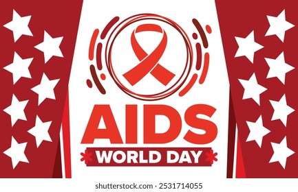 Dia Mundial da Sida. Símbolo de fita vermelha. Sensibilização e prevenção do vih. Conceito de assistência médica. Apoio e proteção humanos. Celebrado anualmente em 1º de dezembro. Cartaz, faixa e fundo. Vetor