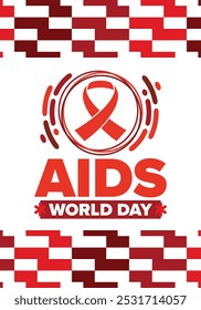 Día Mundial del Sida. Símbolo de cinta roja. Concienciación y prevención del VIH. Concepto de atención médica. Asistencia y protección humanas. Celebrado anualmente el 1 de diciembre. Cartel, Anuncio y fondo. Vector
