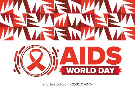 Dia Mundial da Sida. Símbolo de fita vermelha. Sensibilização e prevenção do vih. Conceito de assistência médica. Apoio e proteção humanos. Celebrado anualmente em 1º de dezembro. Cartaz, faixa e fundo. Vetor