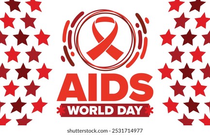 Dia Mundial da Sida. Símbolo de fita vermelha. Sensibilização e prevenção do vih. Conceito de assistência médica. Apoio e proteção humanos. Celebrado anualmente em 1º de dezembro. Cartaz, faixa e fundo. Vetor