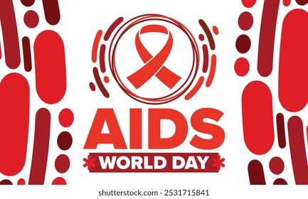 Dia Mundial da Sida. Símbolo de fita vermelha. Sensibilização e prevenção do vih. Conceito de assistência médica. Apoio e proteção humanos. Celebrado anualmente em 1º de dezembro. Cartaz, faixa e fundo. Vetor
