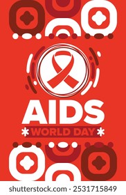 Día Mundial del Sida. Símbolo de cinta roja. Concienciación y prevención del VIH. Concepto de atención médica. Asistencia y protección humanas. Celebrado anualmente el 1 de diciembre. Cartel, Anuncio y fondo. Vector