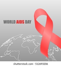 World aids day red ribbon isolated on gray gradient background with world map shape
