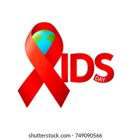 World AIDS Day. Red ribbon with globe.  Aids Awareness icon design for poster, banner, t-shirt. illustration isolated on white background.