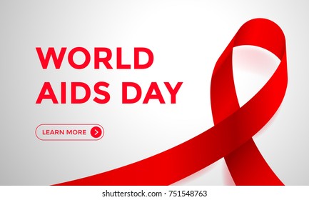 World AIDS day red ribbon web banner background for 1 December awareness world day logo. Vector HIV and AIDS ribbon symbol or emblem badge on white background design template