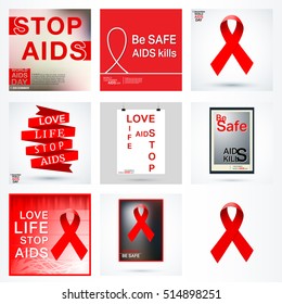 World AIDS Day. Red ribbons. HIV - STI. Set of Acquired Immune Deficiency Syndrome poster, badge, logo, icon. Vector illustration.