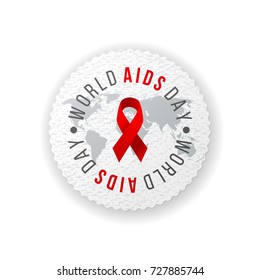 Emblema de papel de la ronda del Día Mundial del SIDA con diseño de tipo, cinta de apoyo y mapa mundial. Ilustración del vector