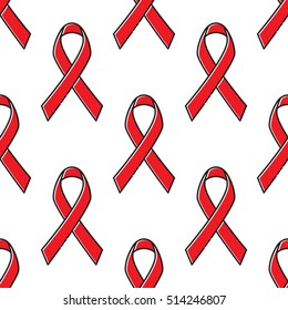 World Aids day seamless pattern in trendy linear style.  Red ribbon isolated on white background
