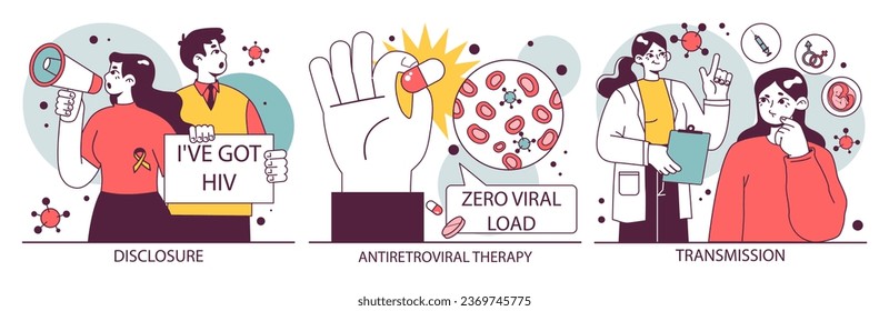 World AiDs day set. HIV, immunodeficiency virus transmission, laboratory diagnostic and treatment therapy. Dangerous disease awareness, stigma break. Flat vector illustration