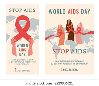 Día Mundial de la Lucha contra el Sida. Juego de afiches. Conciencia sobre el SIDA. Personas de diferente color, nacionalidad con lazo rojo como símbolo de unidad, se ayudan unos a otros. Apoyo a las personas infectadas por el vih. Vector 