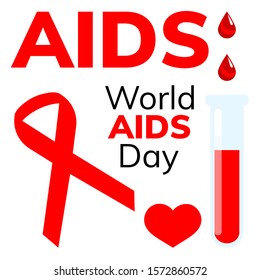 World AIDS day set: text, the drop of blood,  red ribbon, heart, love, test tube isolated on a white background. Vector stock illustration.