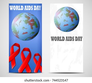 World AIDS Day. A set of vertical web banners (leaflets) with red ribbon and map showing the spread of the AIDS / HIV virus.