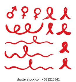 World Aids Day signs, elements set. Vector concept of aids awareness. Design with text, hand drawn red ribbon brush strokes.
