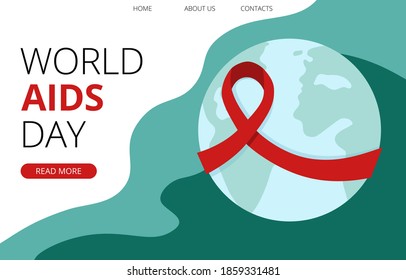 World Aids Day template with the earth and red ribbon, the global symbol for solidarity with HIV-positive and living with AIDS people. Landing page horizontal template, poster for web