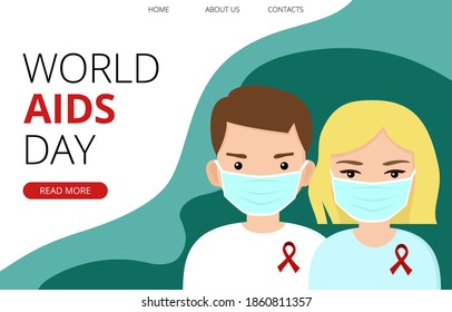 World Aids Day template with young man and woman wearing masks and red ribbon, solidarity with HIV-positive and living with AIDS people. Awareness campaign. Landing page horizontal template, poster
