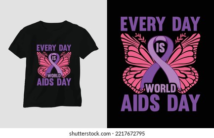 Diseño de camisetas del Día Mundial del SIDA con colores rojo y rosa y cinta de señas del SIDA, mariposa