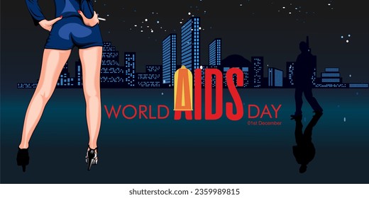 Diseño vectorial del Día Mundial del SIDA con prostitutas callejeras en el fondo.