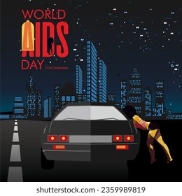 Diseño vectorial del Día Mundial del SIDA con prostitutas callejeras en el fondo.