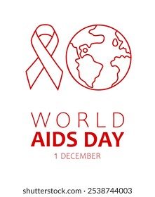 Welt-Aids-Tag, Vektordesign für Poster, Schilder oder Banner. Text Welt-Aids-Tag, Band und Erdkugel einzeln auf weißem Hintergrund.
