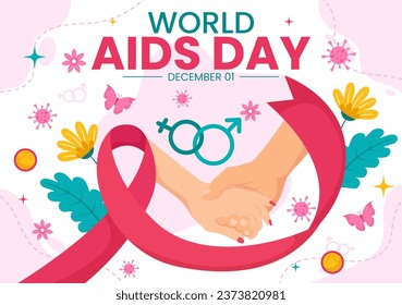 Ilustración vectorial del Día Mundial del Sida el 1 de diciembre con la cinta roja para crear conciencia sobre la epidemia de sida en diseño de fondo rosa de caricatura plana