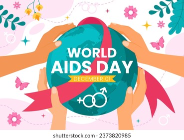 Ilustración vectorial del Día Mundial del Sida el 1 de diciembre con la cinta roja para crear conciencia sobre la epidemia de sida en diseño de fondo rosa de caricatura plana