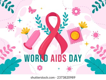 Ilustración vectorial del Día Mundial del Sida el 1 de diciembre con la cinta roja para crear conciencia sobre la epidemia de sida en diseño de fondo rosa de caricatura plana