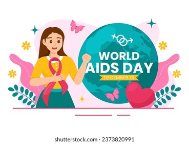 Ilustración vectorial del Día Mundial del Sida el 1 de diciembre con la cinta roja para crear conciencia sobre la epidemia de sida en diseño de fondo rosa de caricatura plana