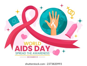 World Aids Day Vector Illustration on 1 december with Red Ribbon to raise awareness of the AIDS epidemic in Flat Cartoon Pink Background Design