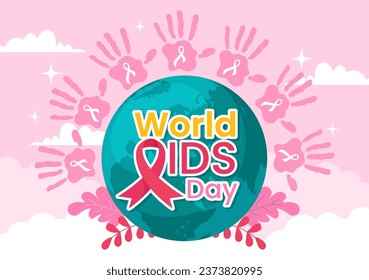 World Aids Day Vector Illustration on 1 december with Red Ribbon to raise awareness of the AIDS epidemic in Flat Cartoon Pink Background Design