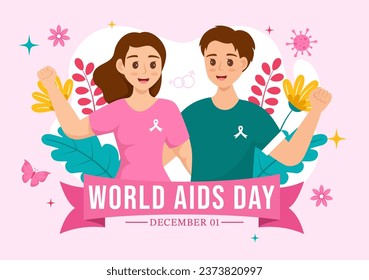 World Aids Day Vector Illustration on 1 december with Red Ribbon to raise awareness of the AIDS epidemic in Flat Cartoon Pink Background Design