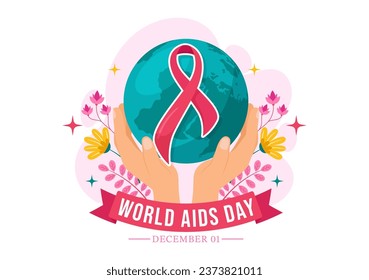 World Aids Day Vector Illustration on 1 december with Red Ribbon to raise awareness of the AIDS epidemic in Flat Cartoon Pink Background Design