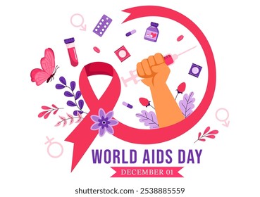 Ilustración vectorial del Día Mundial del SIDA el 1 de diciembre con un símbolo de la cinta roja para crear conciencia sobre la epidemia de sida en un fondo de estilo plano