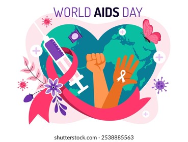 Ilustración vectorial del Día Mundial del SIDA el 1 de diciembre con un símbolo de la cinta roja para crear conciencia sobre la epidemia de sida en un fondo de estilo plano