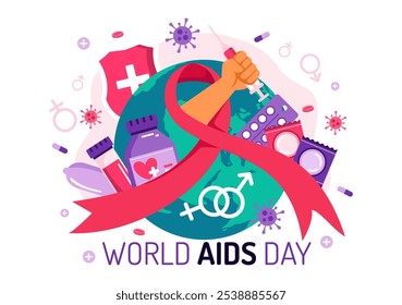 World AIDS Day Vector Illustration on 1 December featuring a Red Ribbon Symbol to Raise Awareness of the AIDS Epidemic in a Flat Style Background