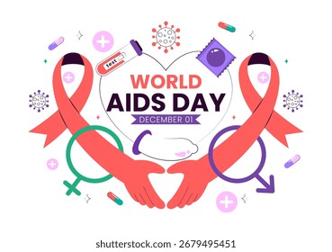 Ilustración vectorial del Día Mundial del SIDA el 1 de diciembre con un símbolo de la cinta roja para crear conciencia sobre la epidemia de SIDA en un fondo de estilo plano