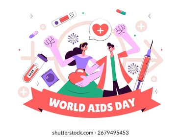 Ilustración vectorial del Día Mundial del SIDA el 1 de diciembre con un símbolo de la cinta roja para crear conciencia sobre la epidemia de SIDA en un fondo de estilo plano