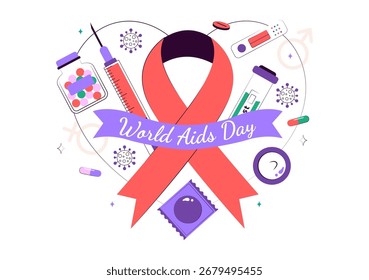 Ilustración vectorial del Día Mundial del SIDA el 1 de diciembre con un símbolo de la cinta roja para crear conciencia sobre la epidemia de SIDA en un fondo de estilo plano