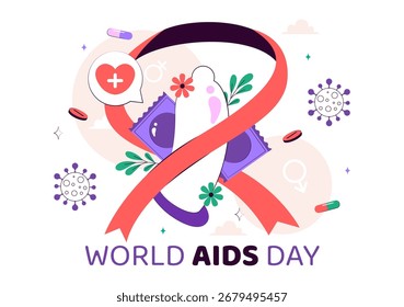Ilustración vectorial del Día Mundial del SIDA el 1 de diciembre con un símbolo de la cinta roja para crear conciencia sobre la epidemia de SIDA en un fondo de estilo plano