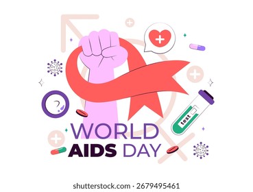 Ilustración vectorial del Día Mundial del SIDA el 1 de diciembre con un símbolo de la cinta roja para crear conciencia sobre la epidemia de SIDA en un fondo de estilo plano