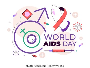 Ilustración vectorial del Día Mundial del SIDA el 1 de diciembre con un símbolo de la cinta roja para crear conciencia sobre la epidemia de SIDA en un fondo de estilo plano