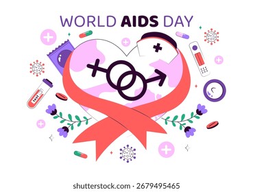 Ilustración vectorial del Día Mundial del SIDA el 1 de diciembre con un símbolo de la cinta roja para crear conciencia sobre la epidemia de SIDA en un fondo de estilo plano