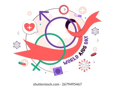 Ilustración vectorial del Día Mundial del SIDA el 1 de diciembre con un símbolo de la cinta roja para crear conciencia sobre la epidemia de SIDA en un fondo de estilo plano