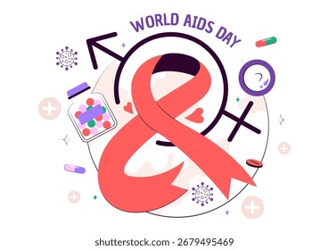 Ilustración vectorial del Día Mundial del SIDA el 1 de diciembre con un símbolo de la cinta roja para crear conciencia sobre la epidemia de SIDA en un fondo de estilo plano